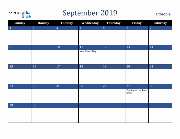 September 2019 Ethiopia Calendar (Sunday Start)