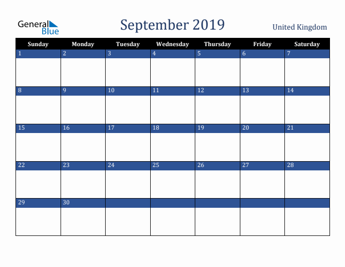 September 2019 United Kingdom Calendar (Sunday Start)