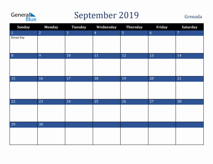 September 2019 Grenada Calendar (Sunday Start)