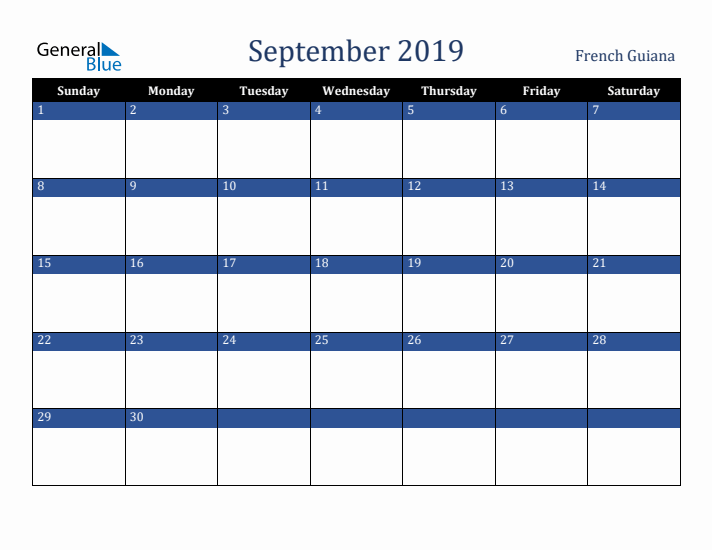 September 2019 French Guiana Calendar (Sunday Start)