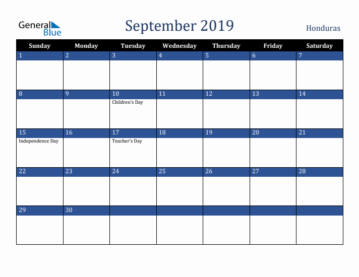 September 2019 Honduras Calendar (Sunday Start)