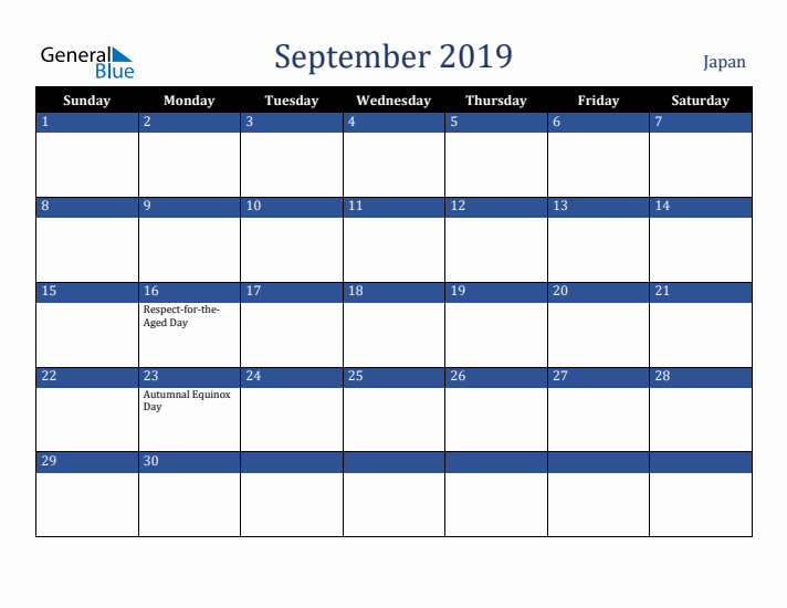 September 2019 Japan Calendar (Sunday Start)