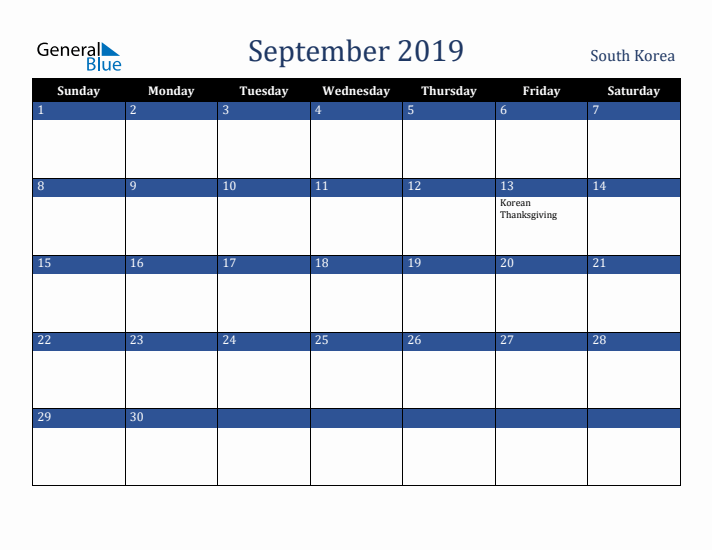 September 2019 South Korea Calendar (Sunday Start)