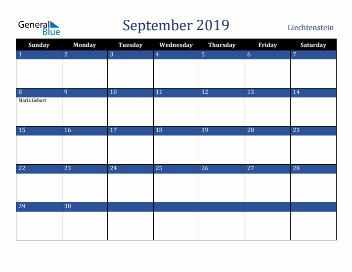 September 2019 Liechtenstein Calendar (Sunday Start)