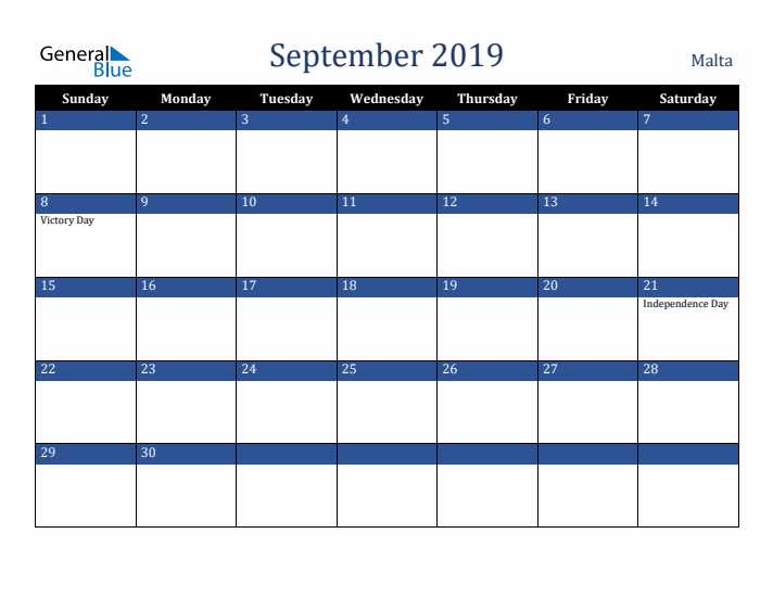 September 2019 Malta Calendar (Sunday Start)