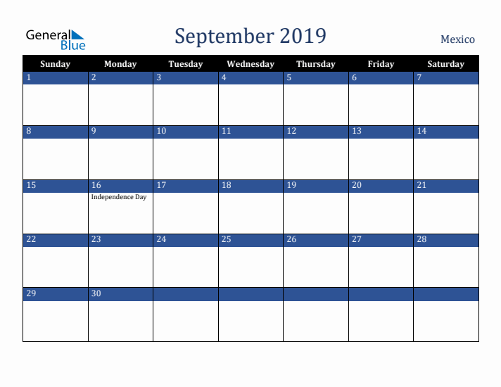 September 2019 Mexico Calendar (Sunday Start)