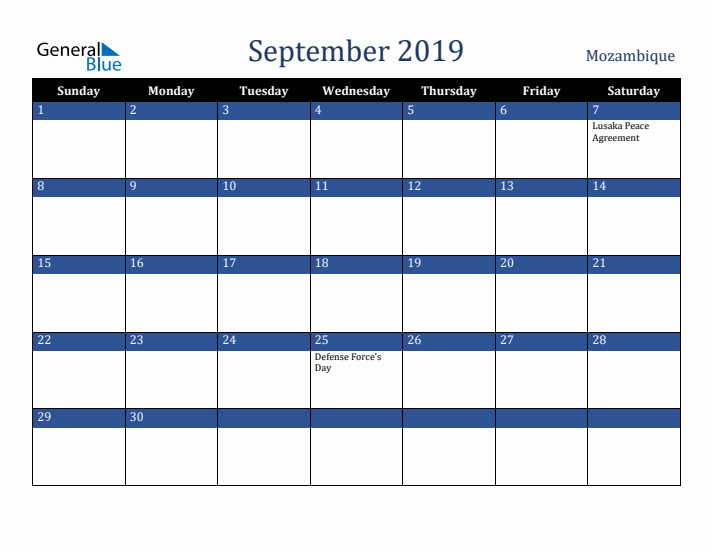 September 2019 Mozambique Calendar (Sunday Start)