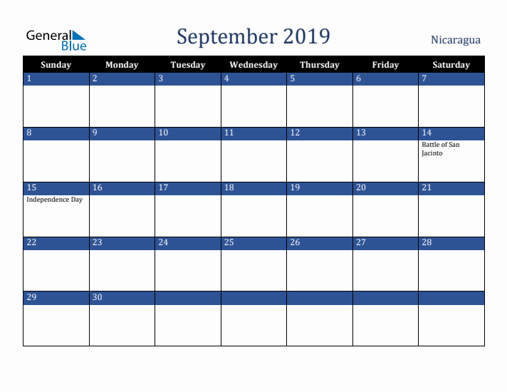 September 2019 Nicaragua Calendar (Sunday Start)