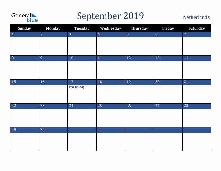 September 2019 The Netherlands Calendar (Sunday Start)