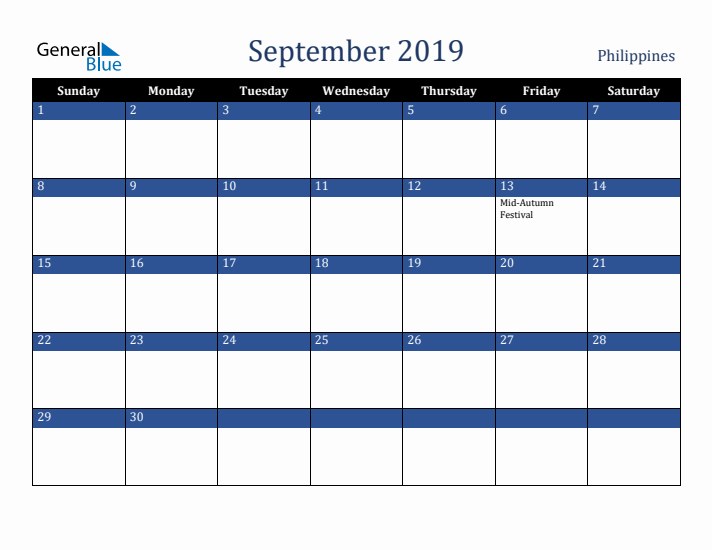 September 2019 Philippines Calendar (Sunday Start)