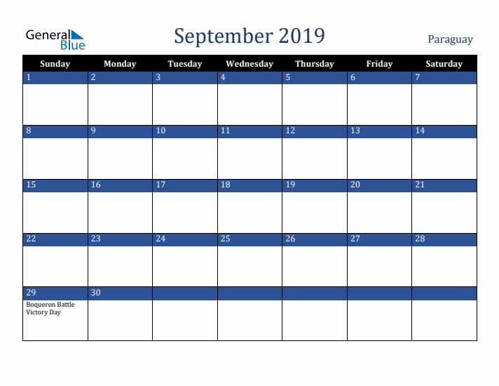 September 2019 Paraguay Calendar (Sunday Start)