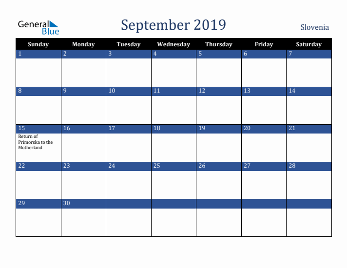 September 2019 Slovenia Calendar (Sunday Start)