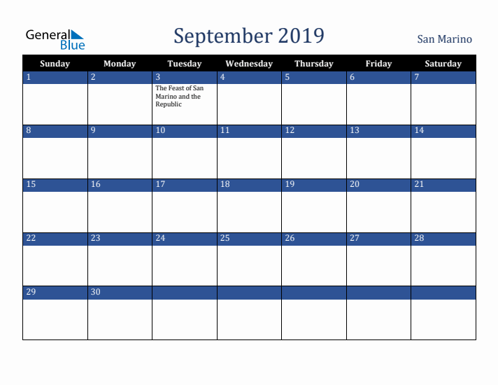 September 2019 San Marino Calendar (Sunday Start)