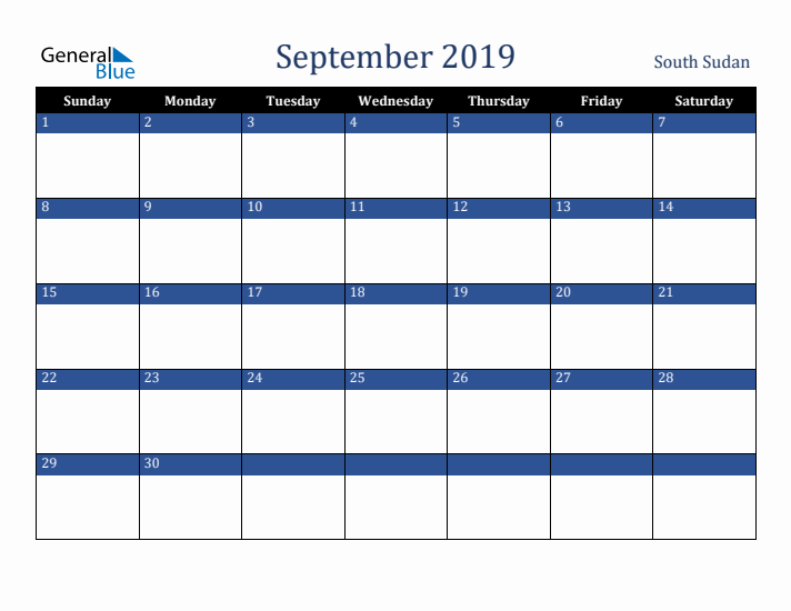 September 2019 South Sudan Calendar (Sunday Start)