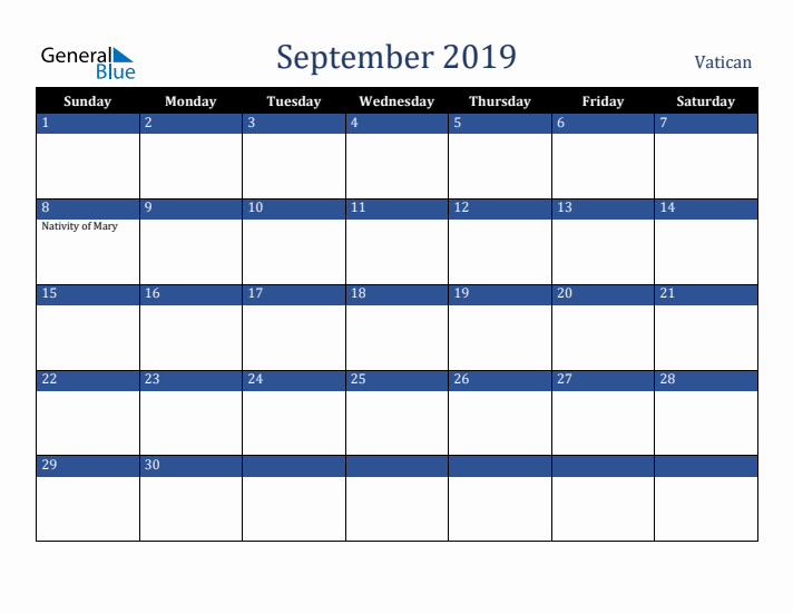 September 2019 Vatican Calendar (Sunday Start)
