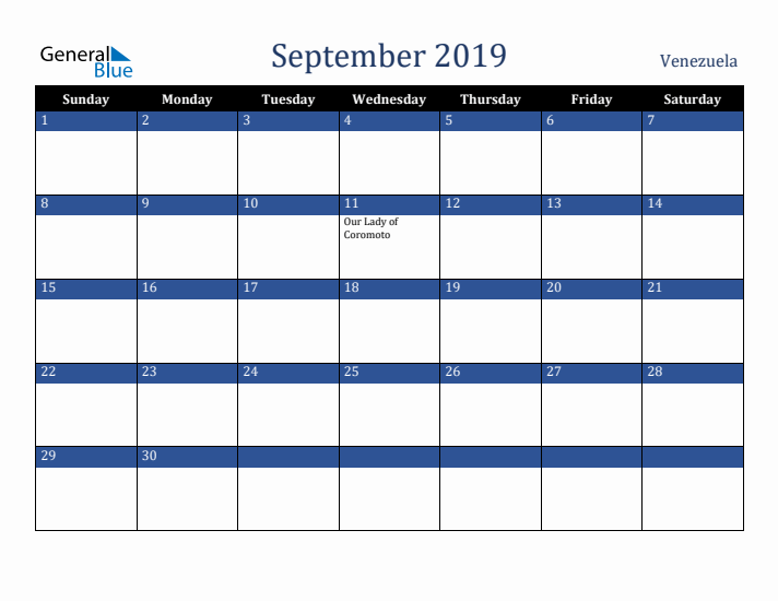 September 2019 Venezuela Calendar (Sunday Start)