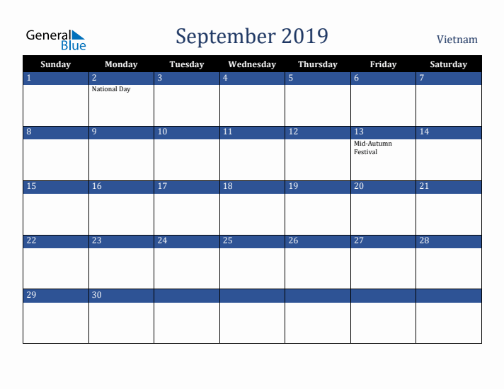 September 2019 Vietnam Calendar (Sunday Start)