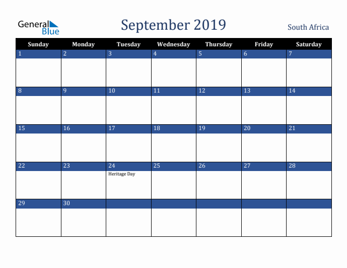 September 2019 South Africa Calendar (Sunday Start)