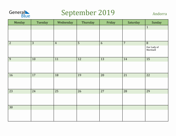September 2019 Calendar with Andorra Holidays