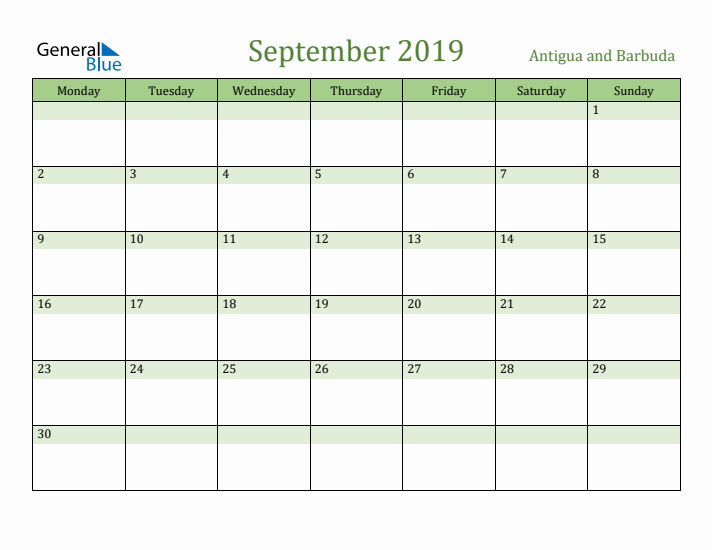 September 2019 Calendar with Antigua and Barbuda Holidays