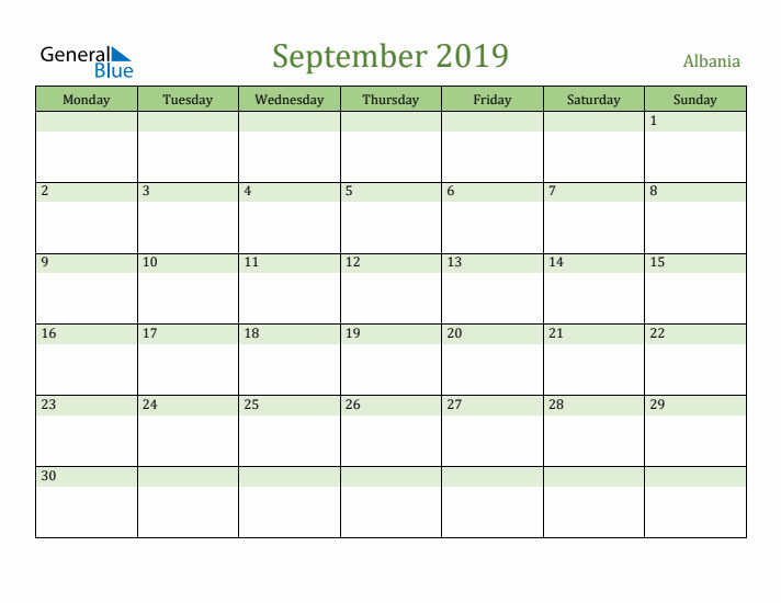 September 2019 Calendar with Albania Holidays
