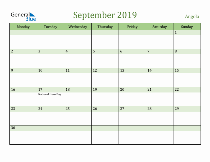 September 2019 Calendar with Angola Holidays