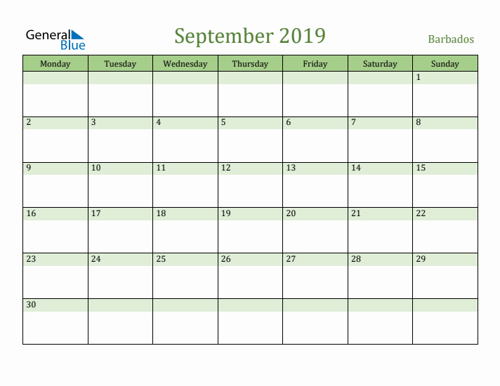 September 2019 Calendar with Barbados Holidays