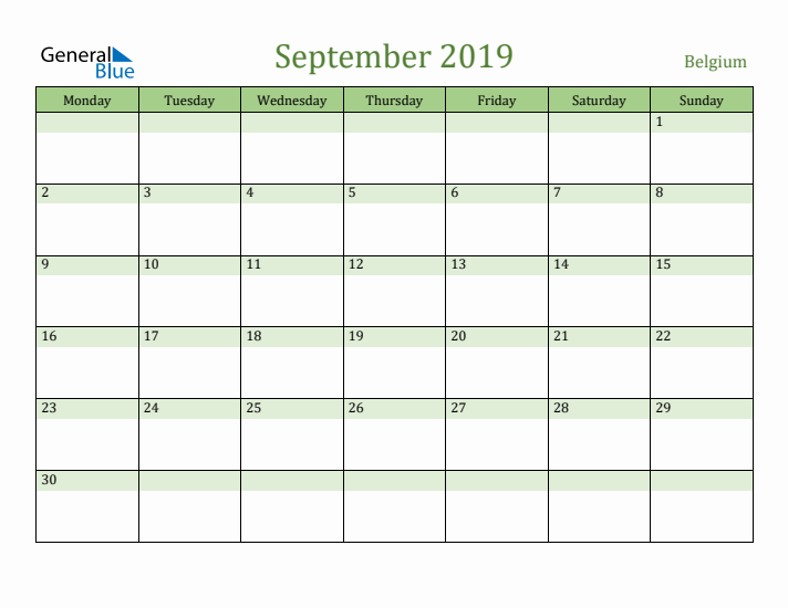 September 2019 Calendar with Belgium Holidays
