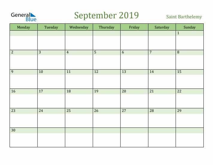 September 2019 Calendar with Saint Barthelemy Holidays