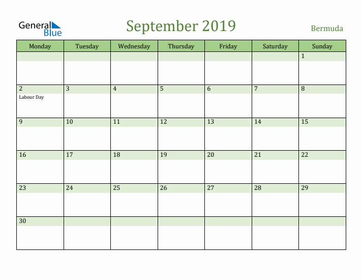 September 2019 Calendar with Bermuda Holidays