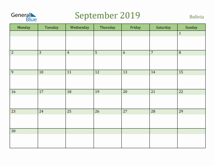September 2019 Calendar with Bolivia Holidays
