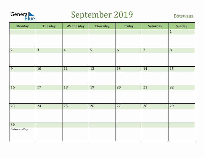 September 2019 Calendar with Botswana Holidays