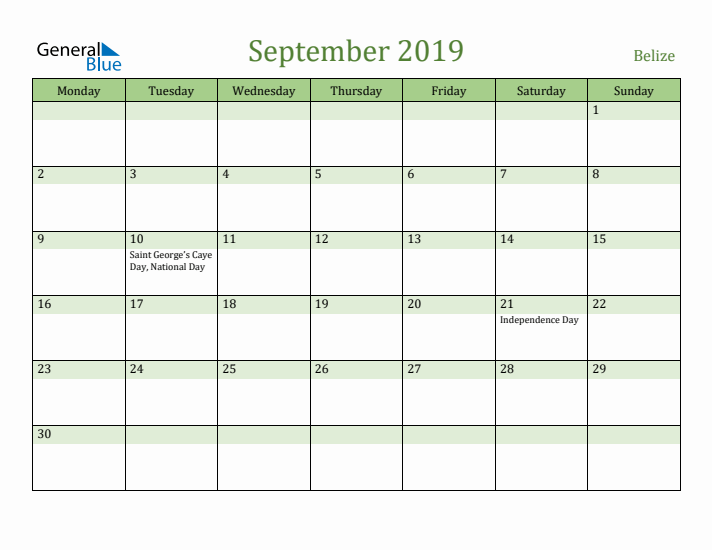 September 2019 Calendar with Belize Holidays
