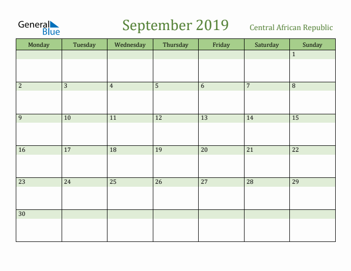 September 2019 Calendar with Central African Republic Holidays