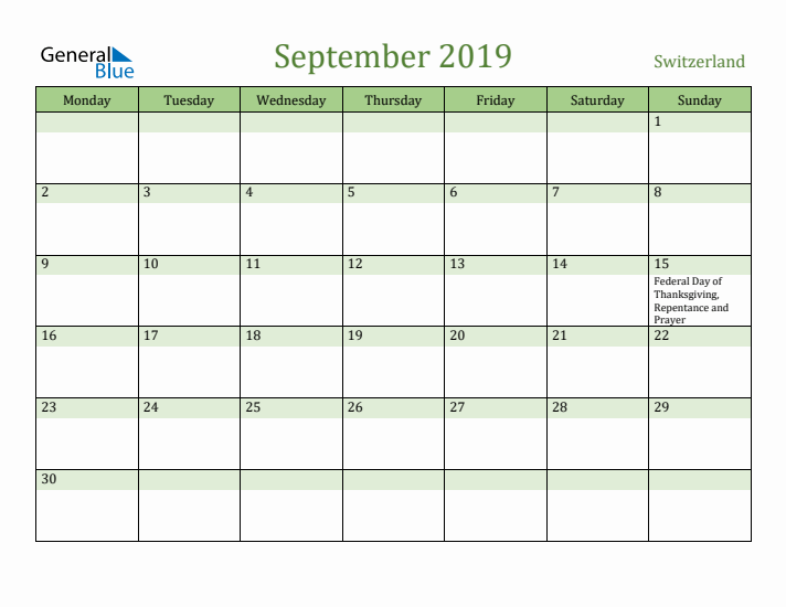 September 2019 Calendar with Switzerland Holidays