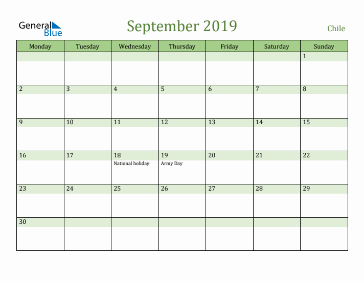 September 2019 Calendar with Chile Holidays