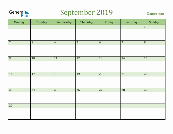 September 2019 Calendar with Cameroon Holidays
