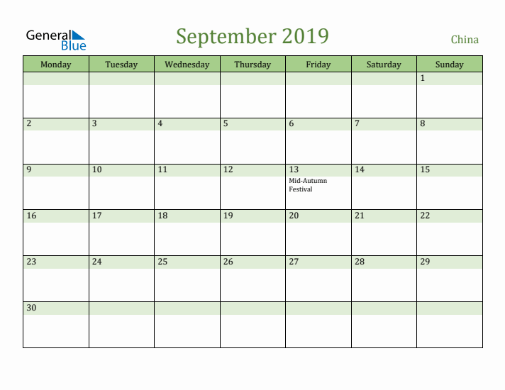 September 2019 Calendar with China Holidays