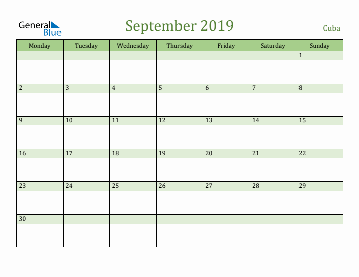 September 2019 Calendar with Cuba Holidays