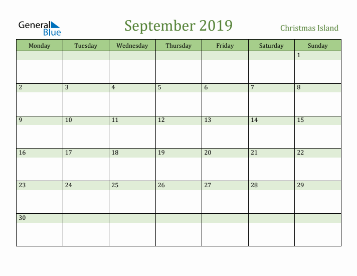 September 2019 Calendar with Christmas Island Holidays