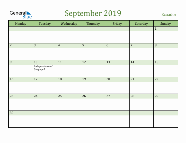 September 2019 Calendar with Ecuador Holidays