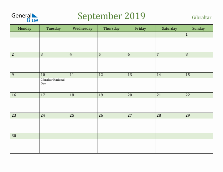 September 2019 Calendar with Gibraltar Holidays