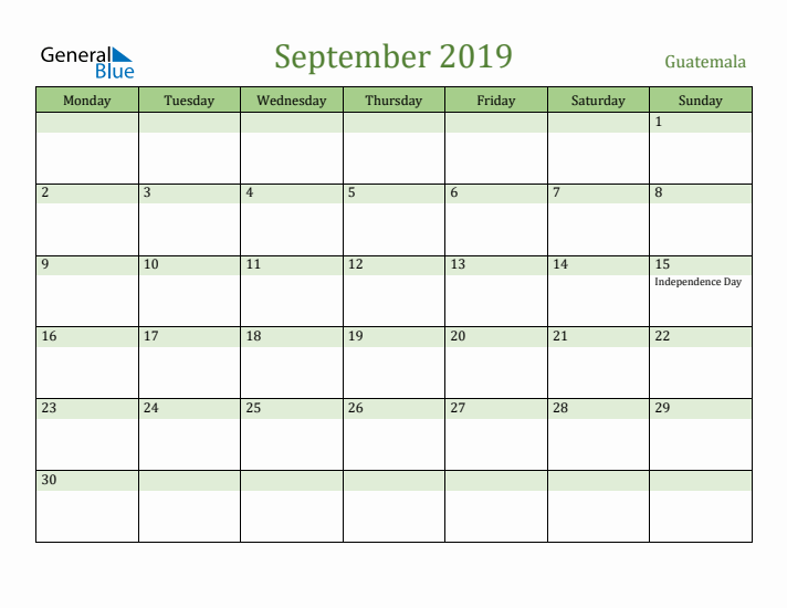 September 2019 Calendar with Guatemala Holidays