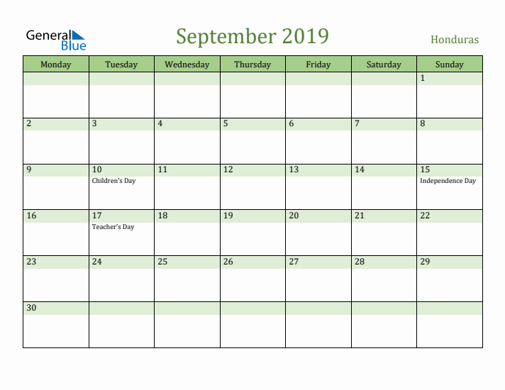September 2019 Calendar with Honduras Holidays