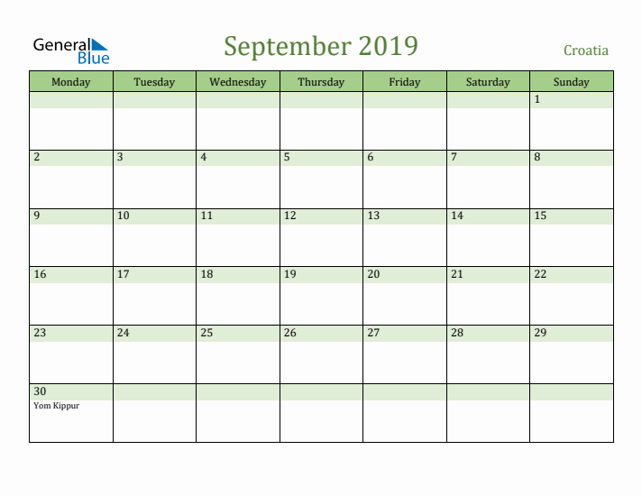 September 2019 Calendar with Croatia Holidays
