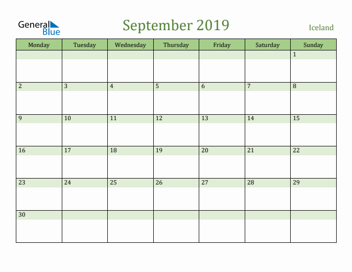 September 2019 Calendar with Iceland Holidays