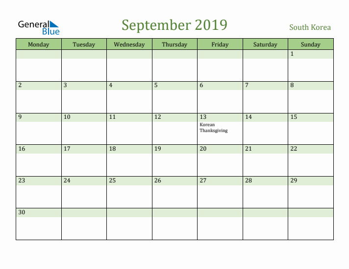 September 2019 Calendar with South Korea Holidays