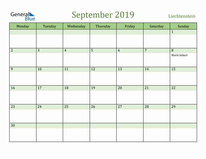 September 2019 Calendar with Liechtenstein Holidays