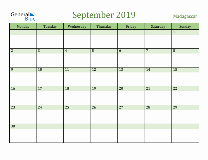 September 2019 Calendar with Madagascar Holidays