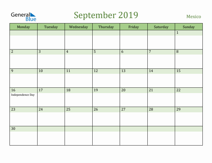 September 2019 Calendar with Mexico Holidays